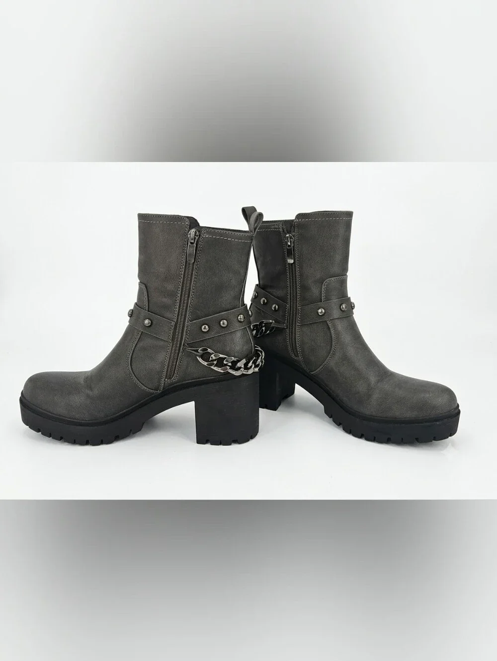 ​Nine West Grey Ankle Boots Chain & Stud Strap Chunky Heel Lug Sole Sz 8.5 M